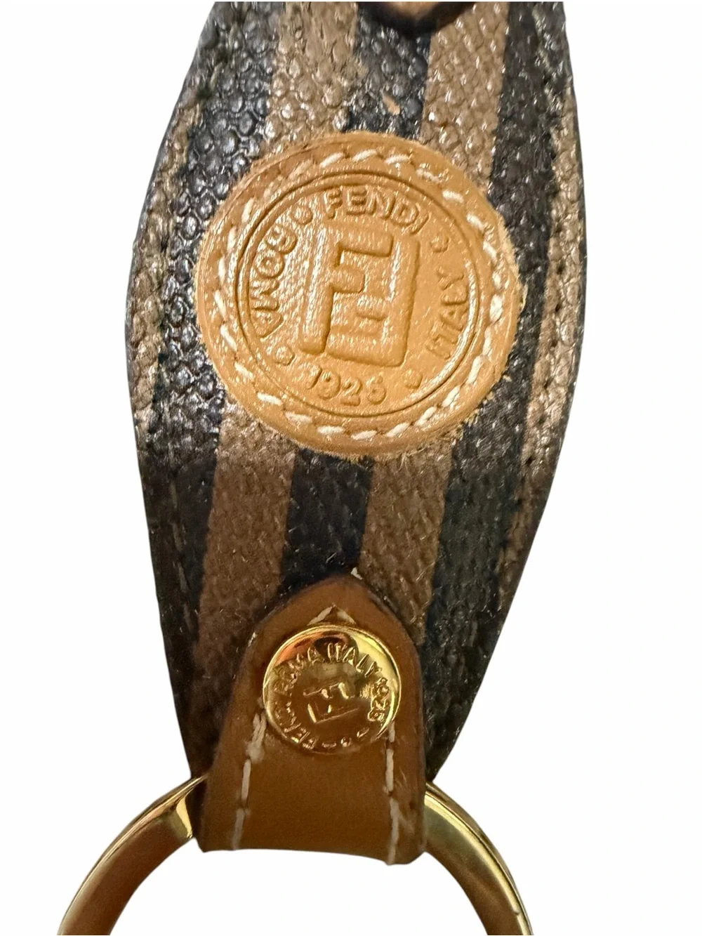 Fendi Brown & Black Leather Stripe Key Holder with Gold Hardware